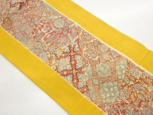 手織り紬手描き切り嵌め風華紋・花唐草模様開き名古屋帯（額縁仕立て）